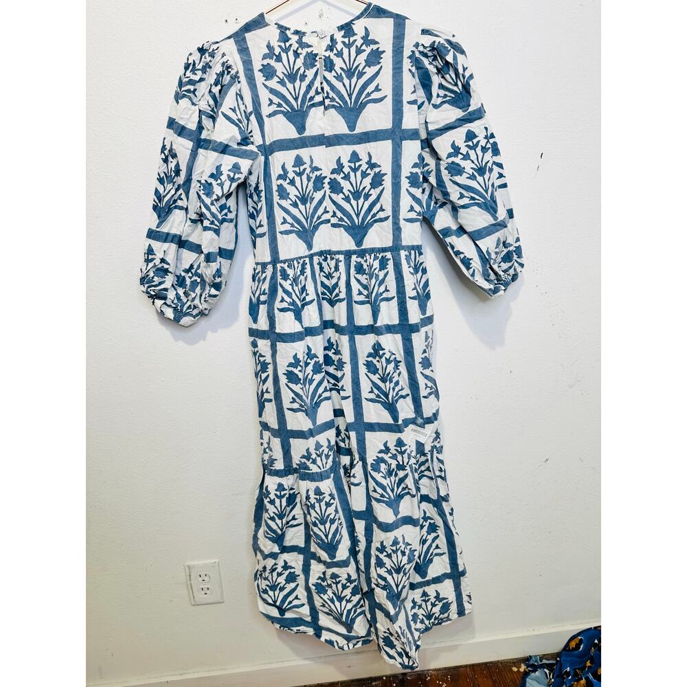SZ BLOCKPRINTS Blue White Floral 100% Cotton Long Sleeve Orti A-Line Dress Small - Picture 9 of 16